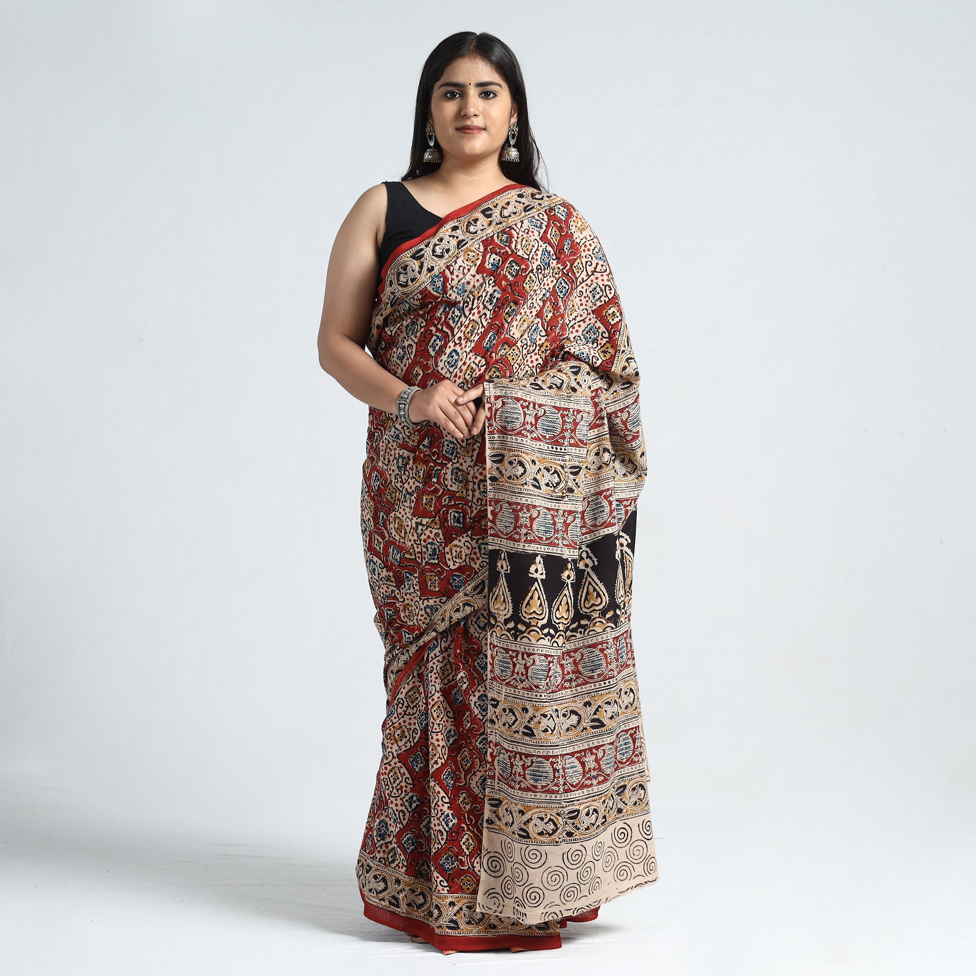 Multicolor Pedana Block Print Cotton Kalamkari Saree