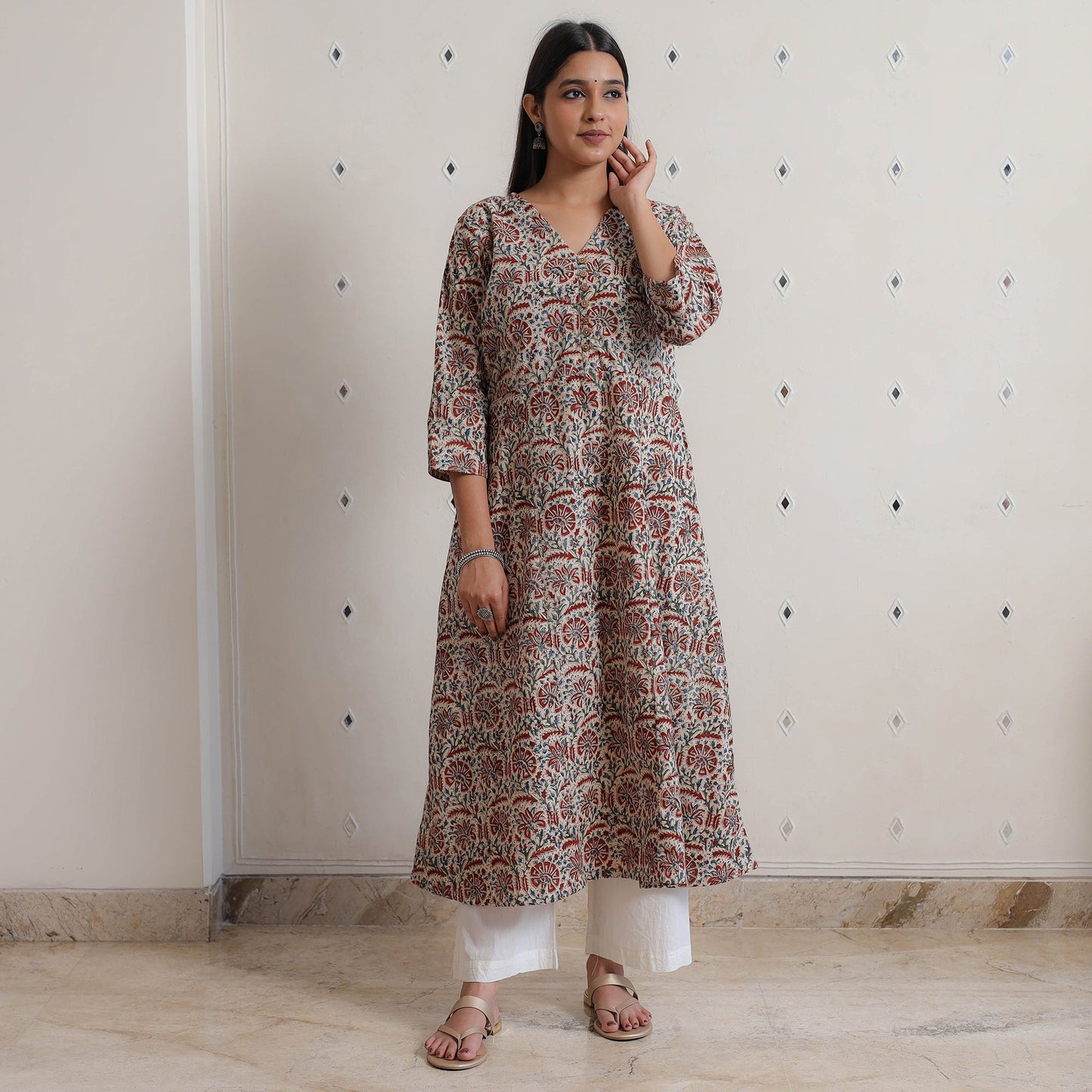 Multicolor - Pedana Kalamkari Block Printed Cotton A-Line Kurta 01