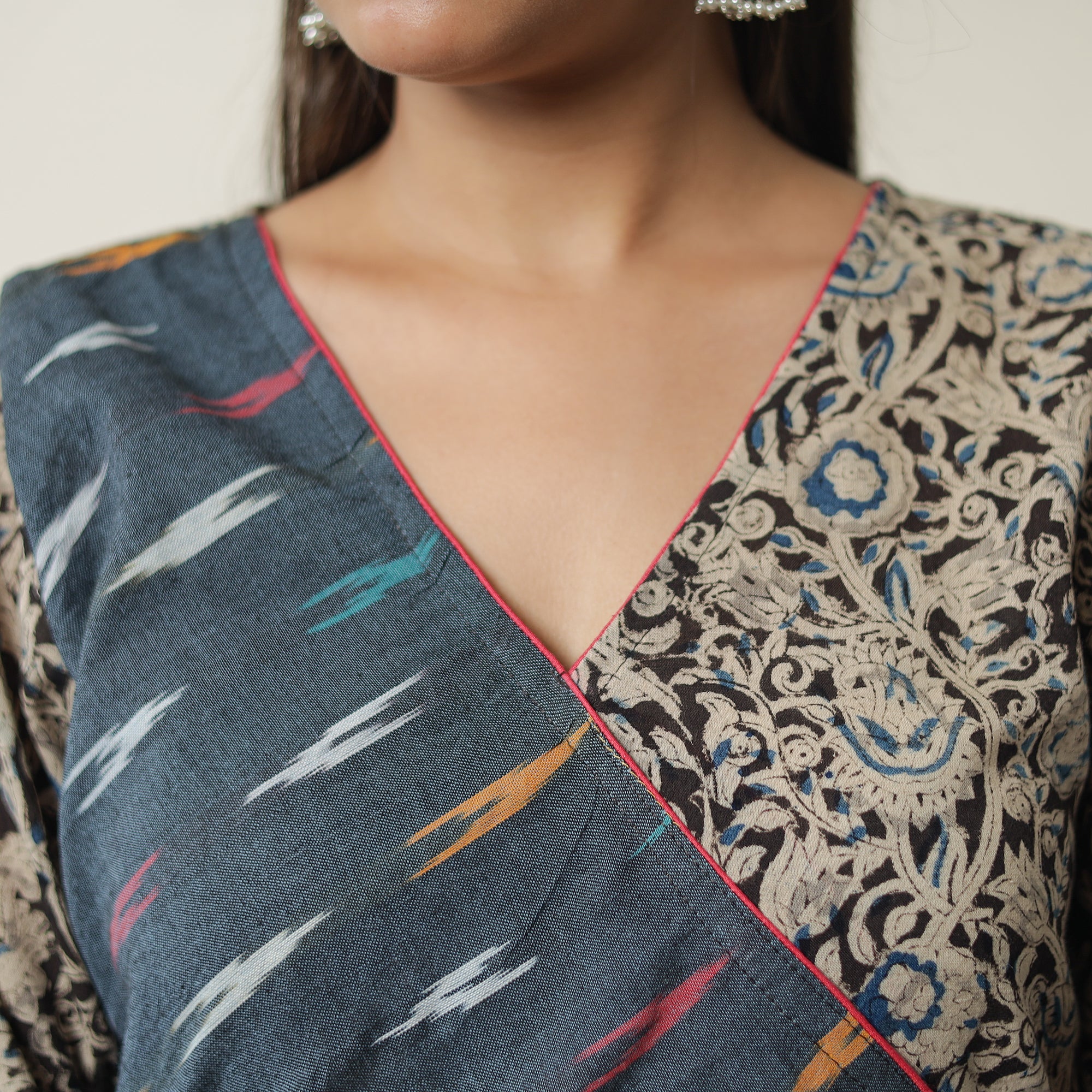 Buy Pedana Kalamkari Block Printed Cotton Straight Kurta with Ikat Patchwork 07 Online at iTokri.com