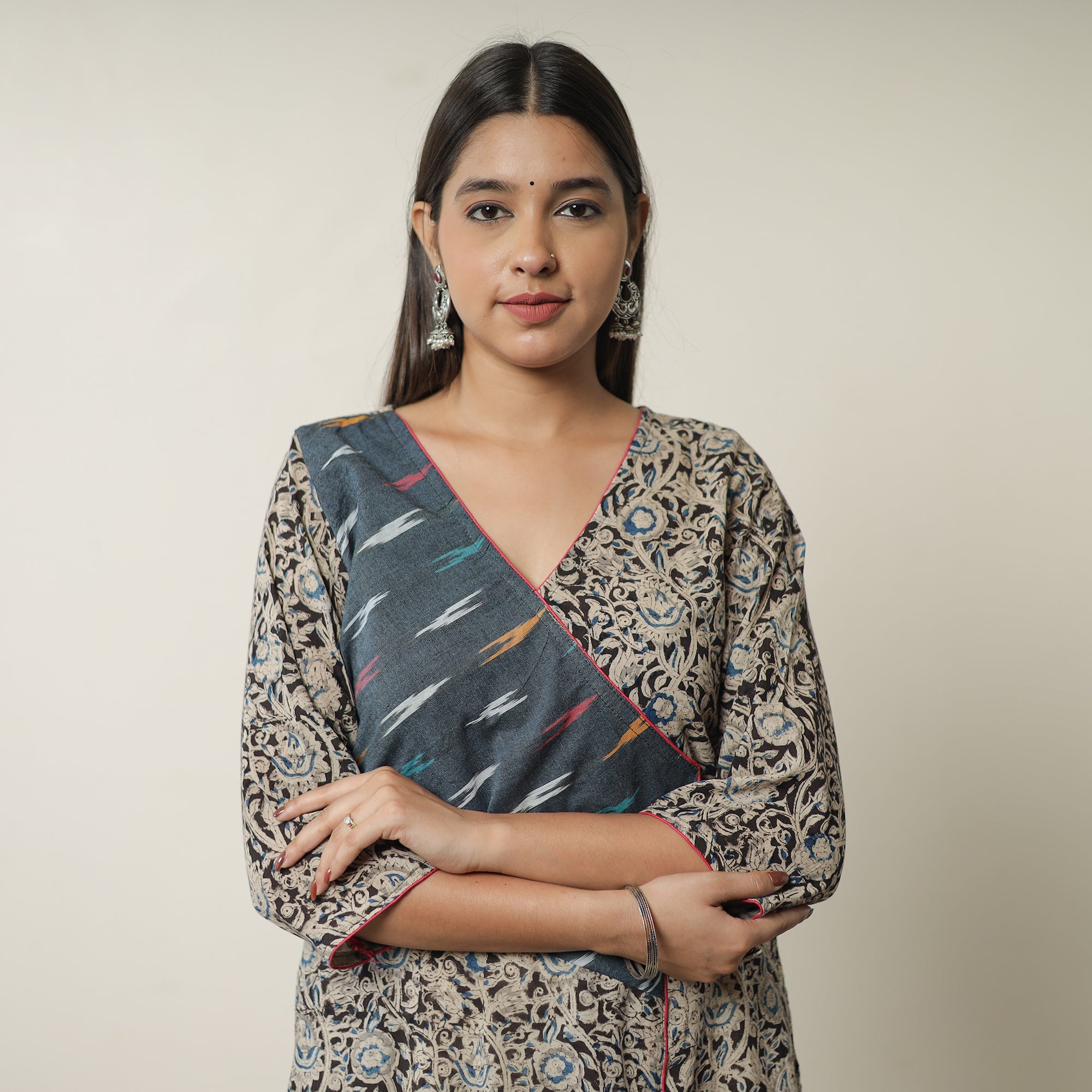 Buy Pedana Kalamkari Block Printed Cotton Straight Kurta with Ikat Patchwork 07 Online at iTokri.com