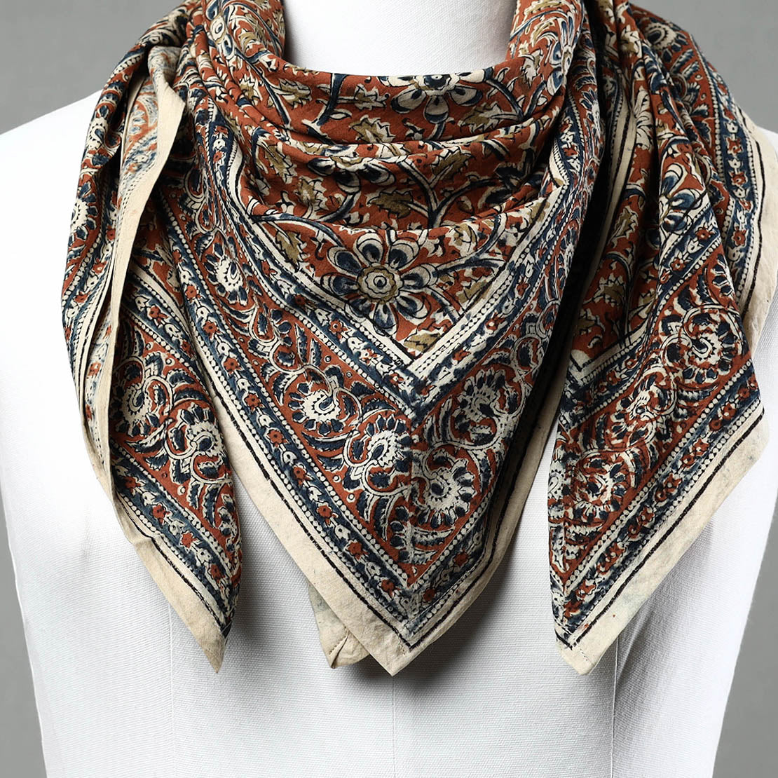 Multicolor Pedana Kalamkari Block Printed Natural Dyed Cotton Scarf 
