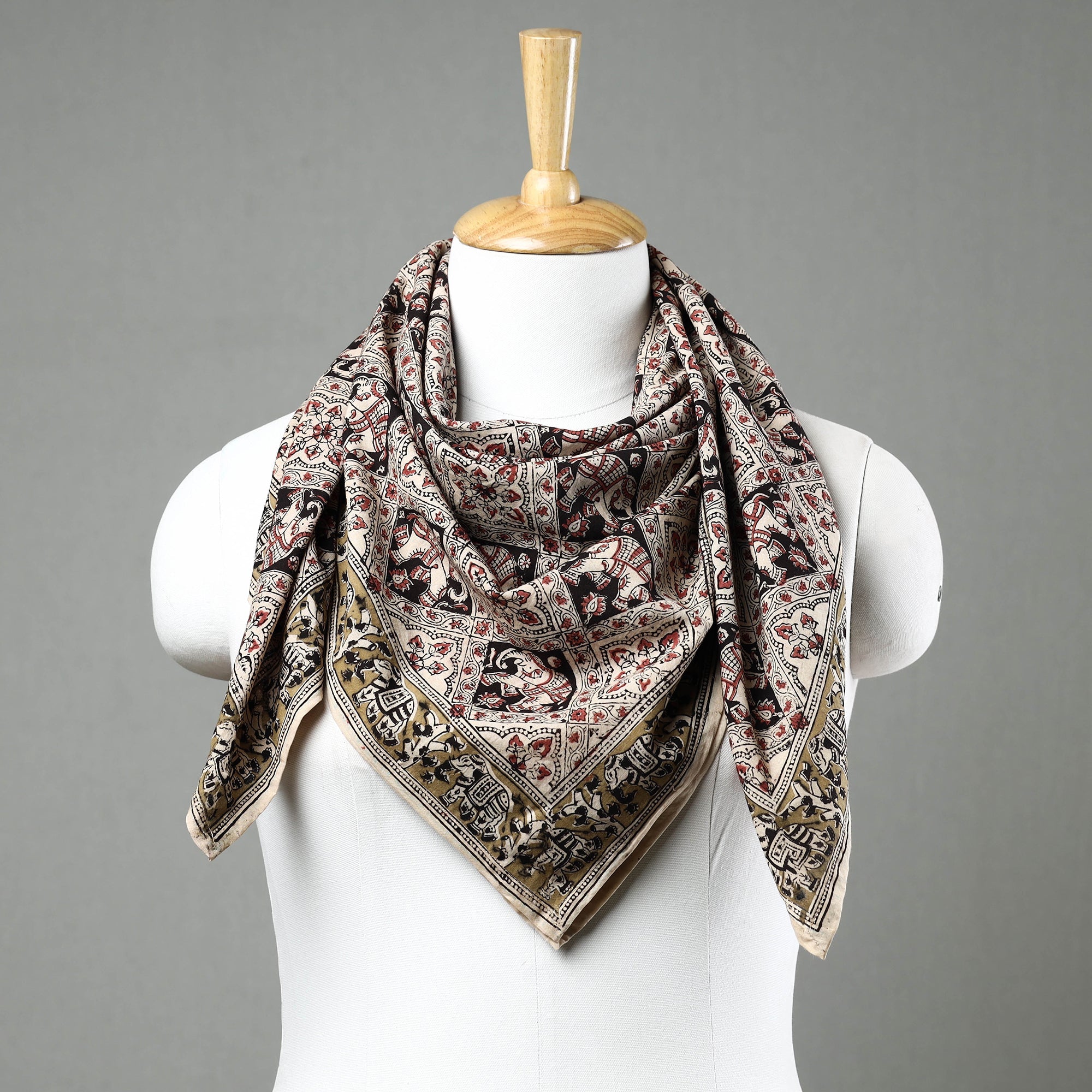 Multicolor Pedana Kalamkari Block Printed Natural Dyed Cotton Scarf 