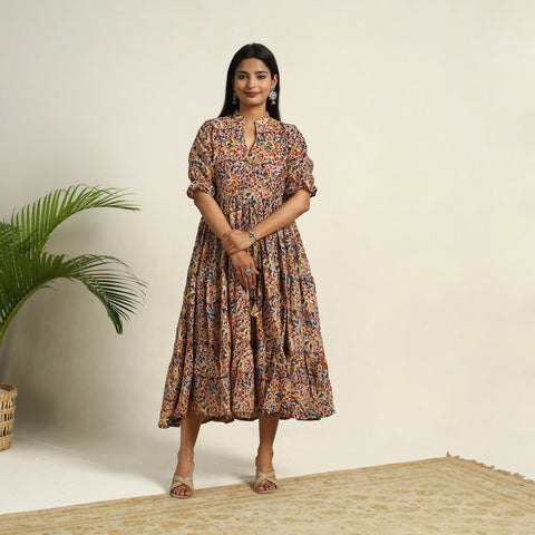 Pedana Block Print Mul Cotton Tiered Multicolor Kalamkari Dress