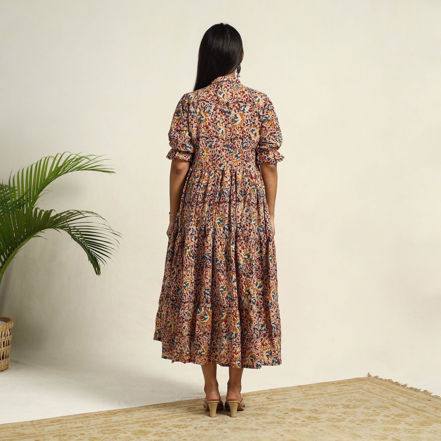 Pedana Block Print Mul Cotton Tiered Multicolor Kalamkari Dress