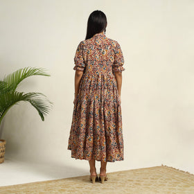Pedana Block Print Mul Cotton Tiered Multicolor Kalamkari Dress