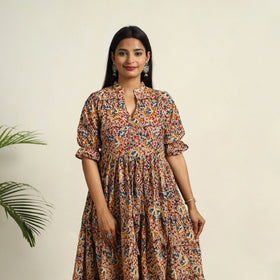 Pedana Block Print Mul Cotton Tiered Multicolor Kalamkari Dress