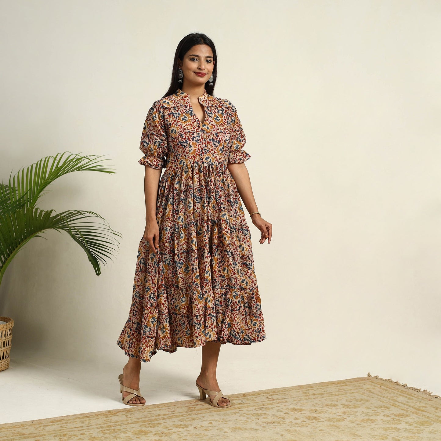 Pedana Block Print Mul Cotton Tiered Multicolor Kalamkari Dress