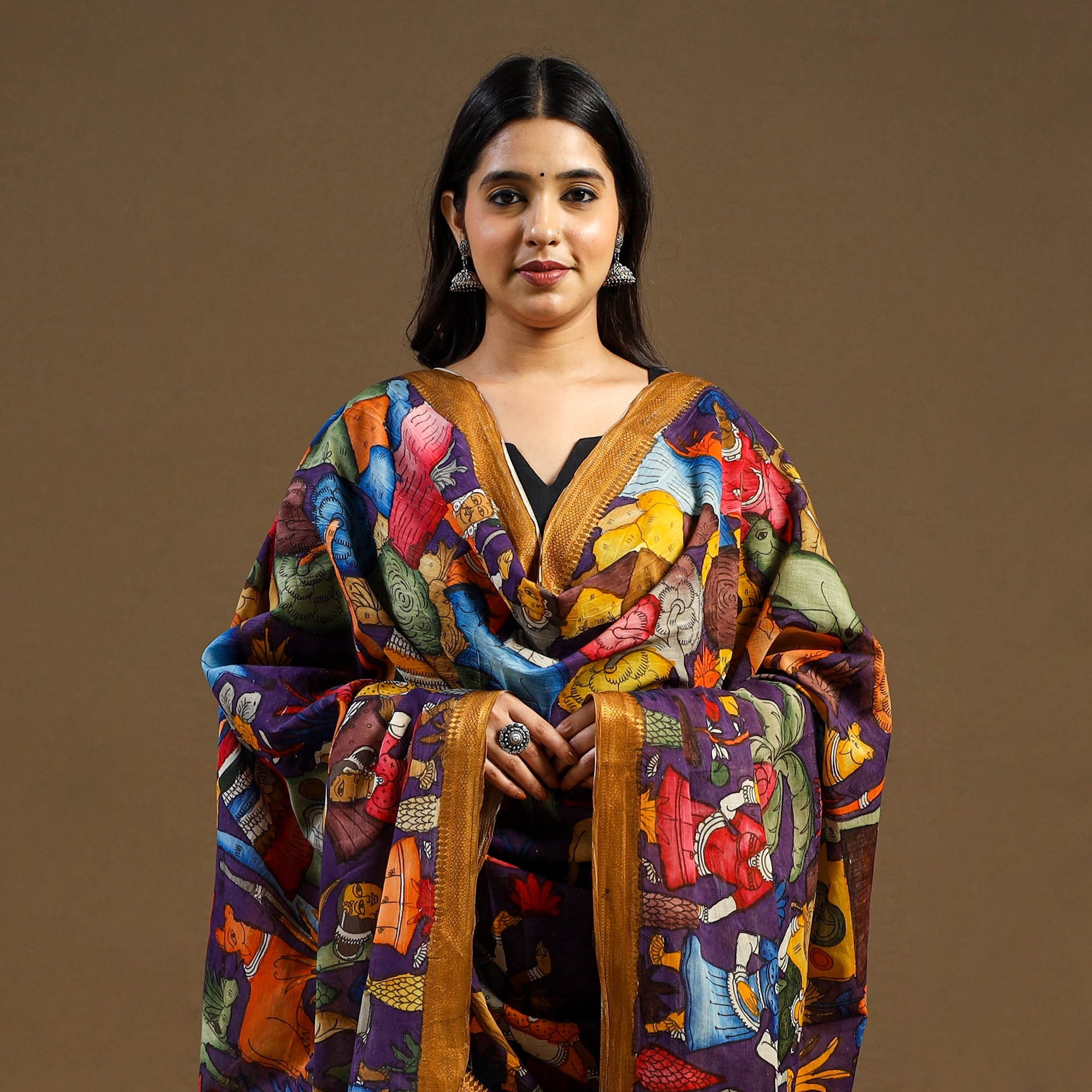 Multicolor Pen Work Chanderi Silk Handpainted Kalamkari Dupatta