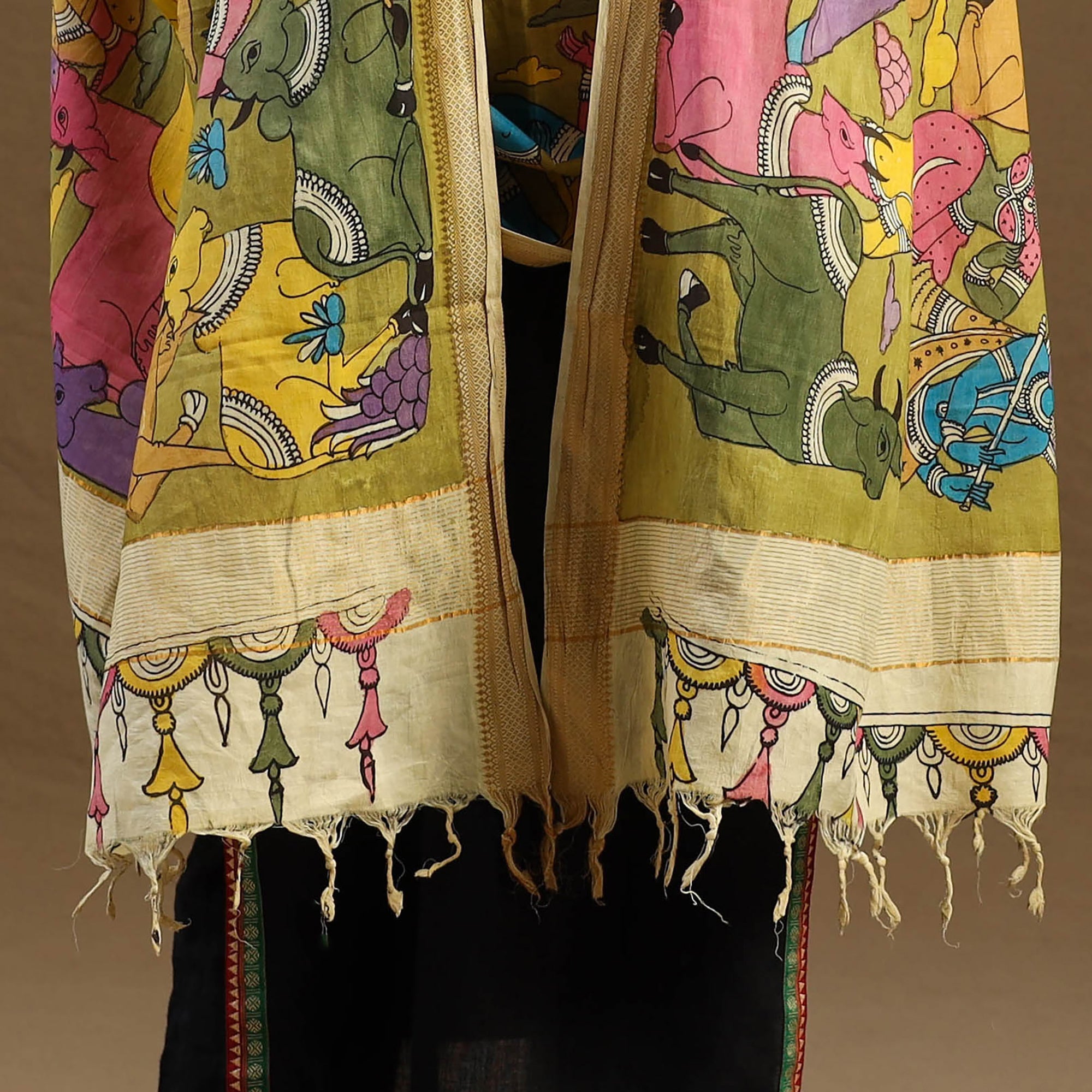 Multicolor Pen Work Mangalagiri Cotton Handpainted Kalamkari Dupatta