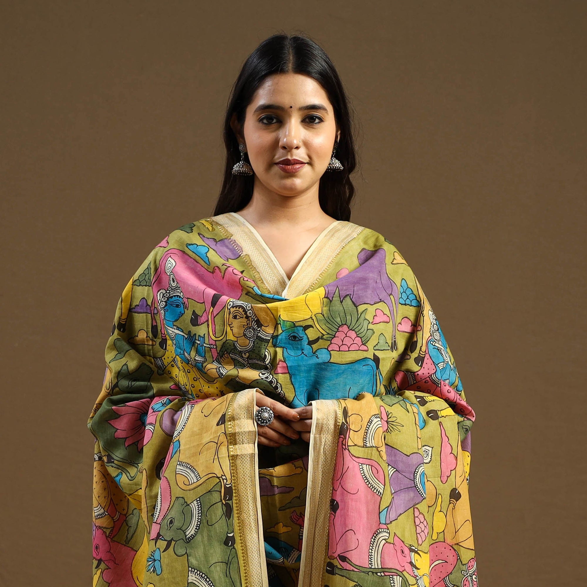 Multicolor Pen Work Mangalagiri Cotton Handpainted Kalamkari Dupatta