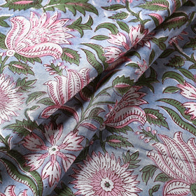 Buy Pink Aster Pattern On Purple Sanganeri Block Printed Cotton Fabric at iTokri.com