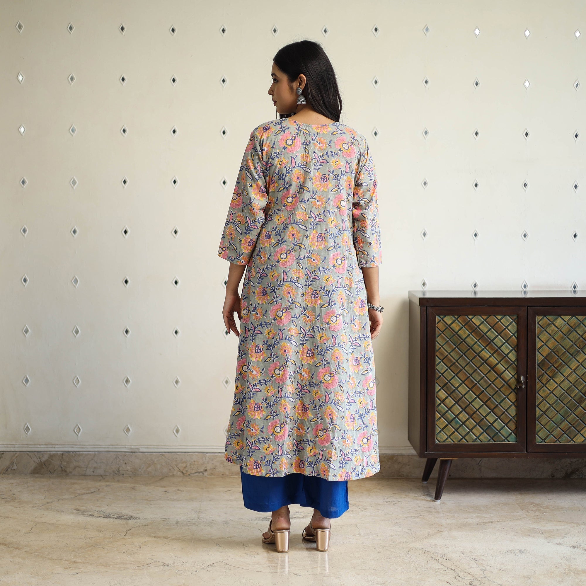  Multicolor Pintuck Flared Cotton Block Print Sanganeri Kurta