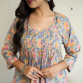  Multicolor Pintuck Flared Cotton Block Print Sanganeri Kurta