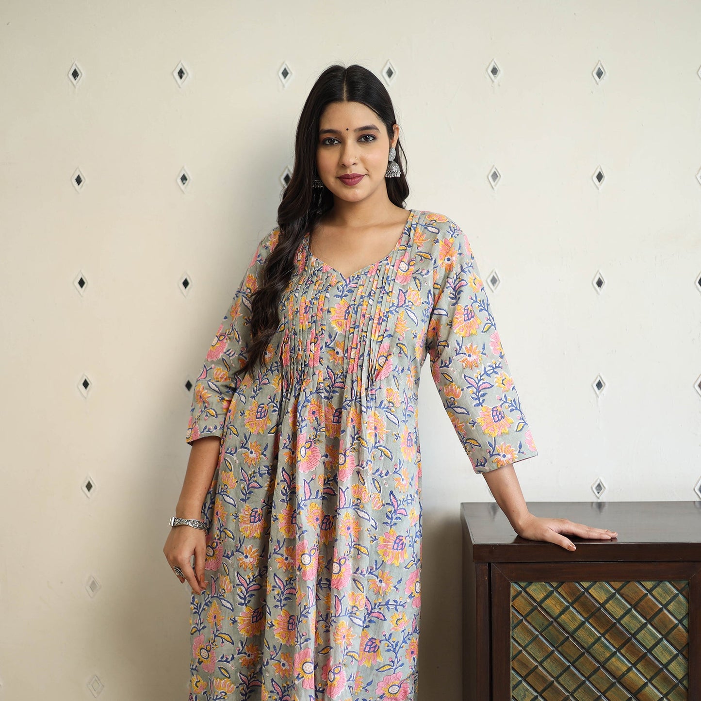  Multicolor Pintuck Flared Cotton Block Print Sanganeri Kurta