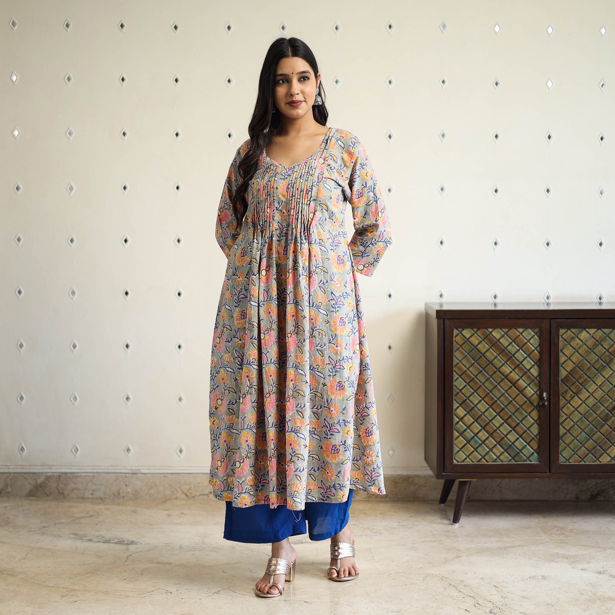  Multicolor Pintuck Flared Cotton Block Print Sanganeri Kurta
