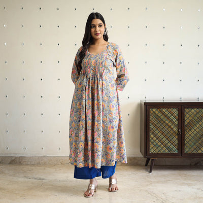  Multicolor Pintuck Flared Cotton Block Print Sanganeri Kurta
