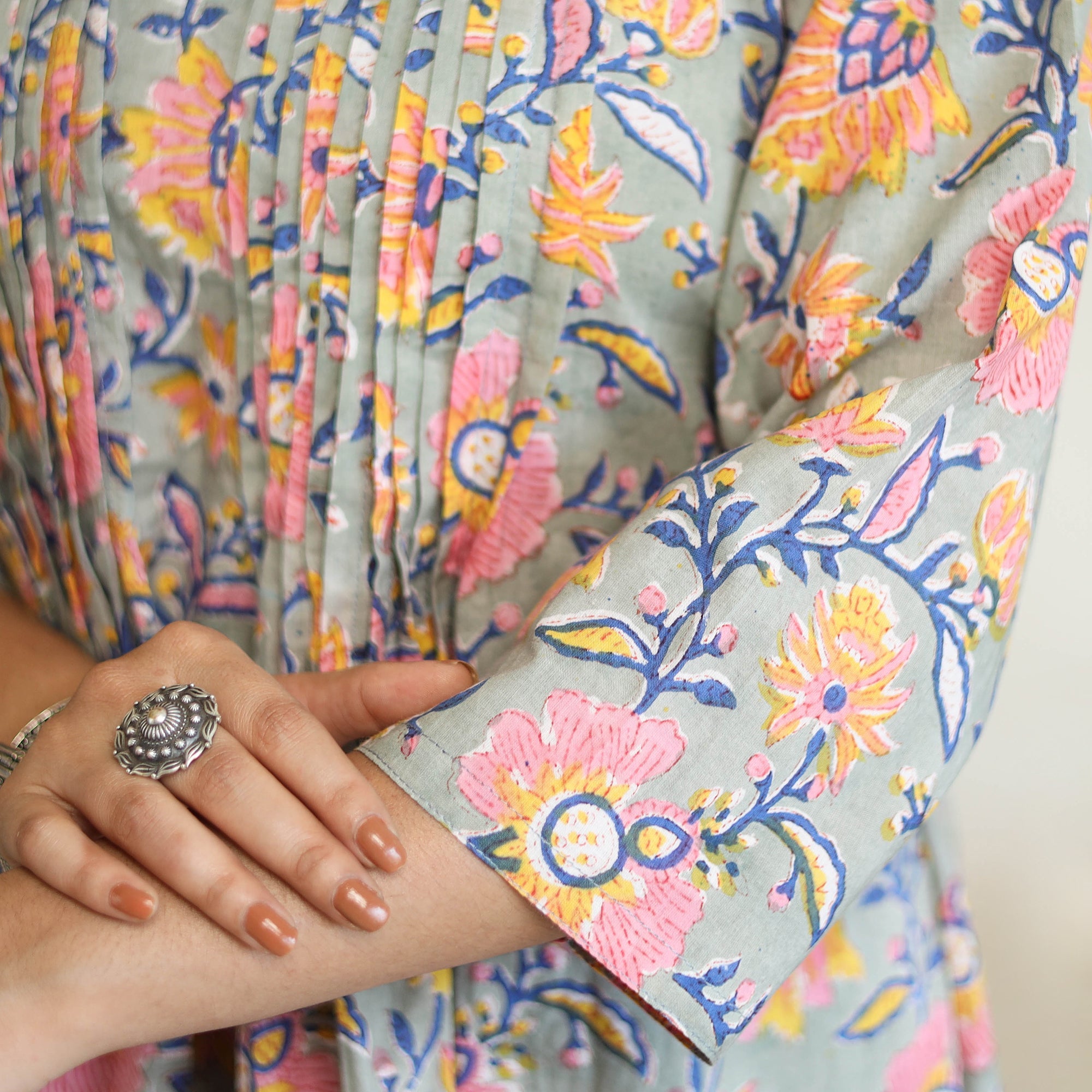  Multicolor Pintuck Flared Cotton Block Print Sanganeri Kurta