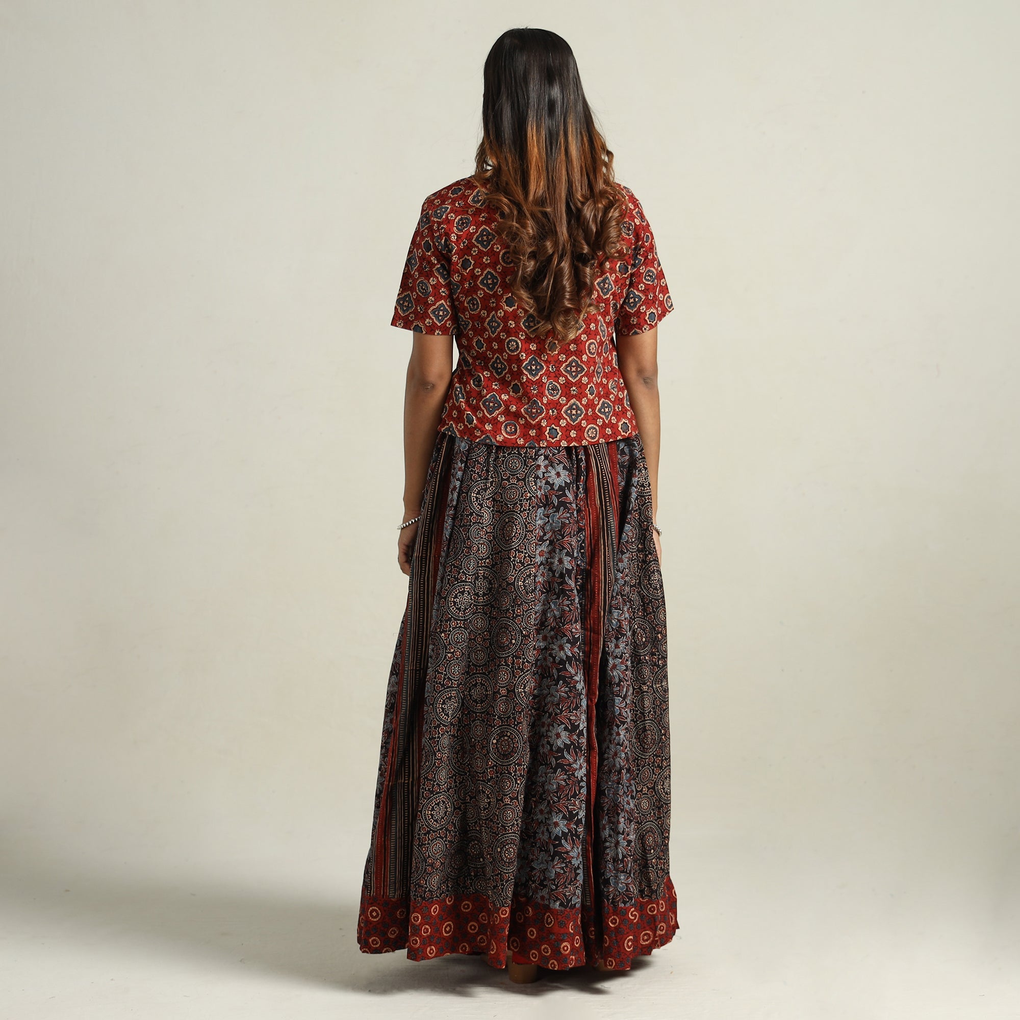  Ajrakh Block Printed 24 Kali Patchwork Cotton Long Skirt 17 