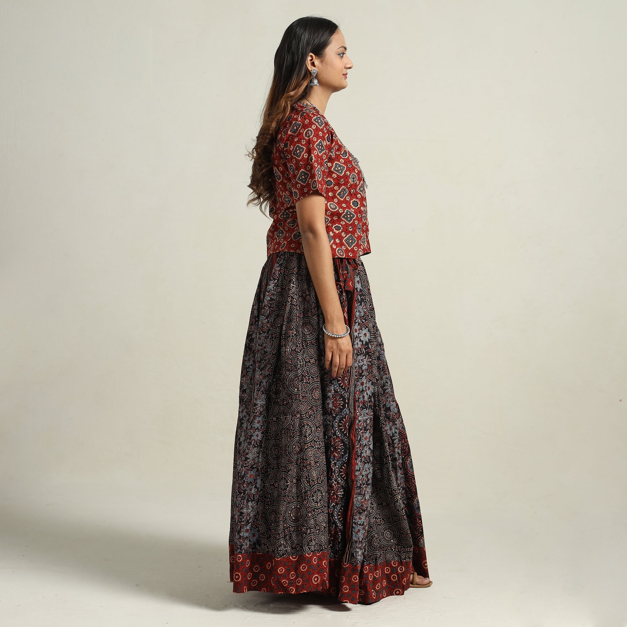  Ajrakh Block Printed 24 Kali Patchwork Cotton Long Skirt 17 