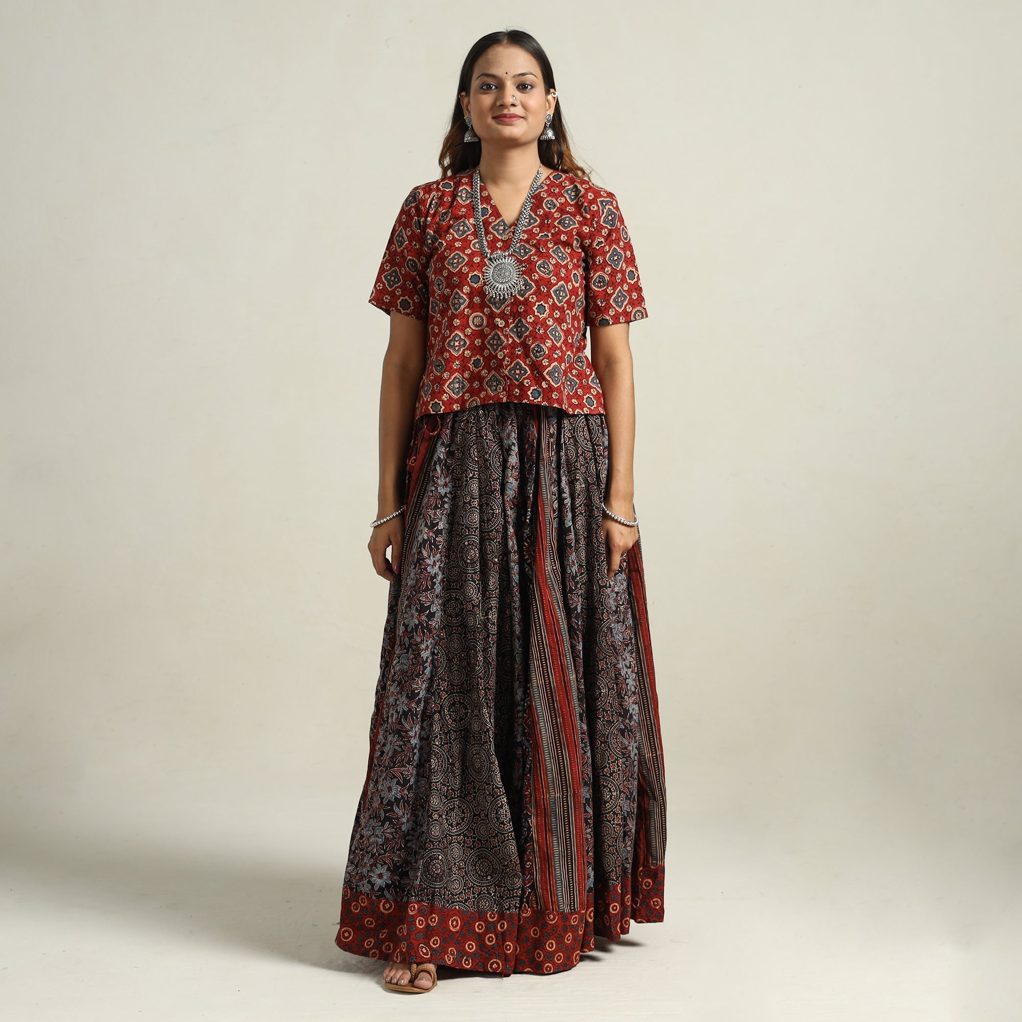  Ajrakh Block Printed 24 Kali Patchwork Cotton Long Skirt 17 