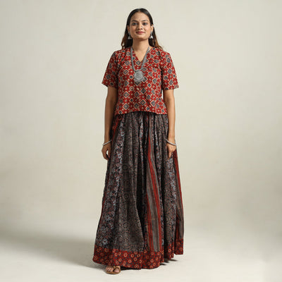  Ajrakh Block Printed 24 Kali Patchwork Cotton Long Skirt 17 