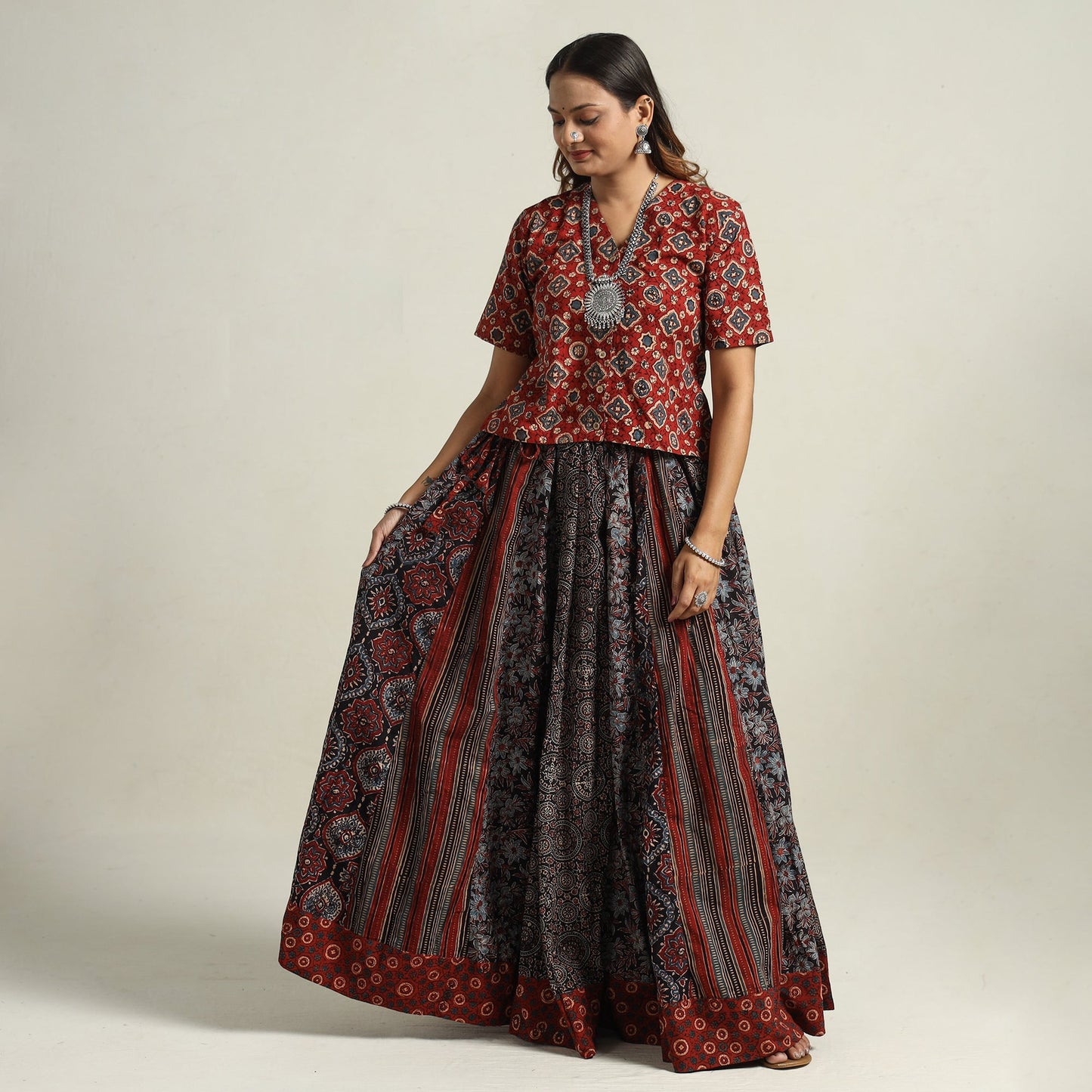  Ajrakh Block Printed 24 Kali Patchwork Cotton Long Skirt 17 
