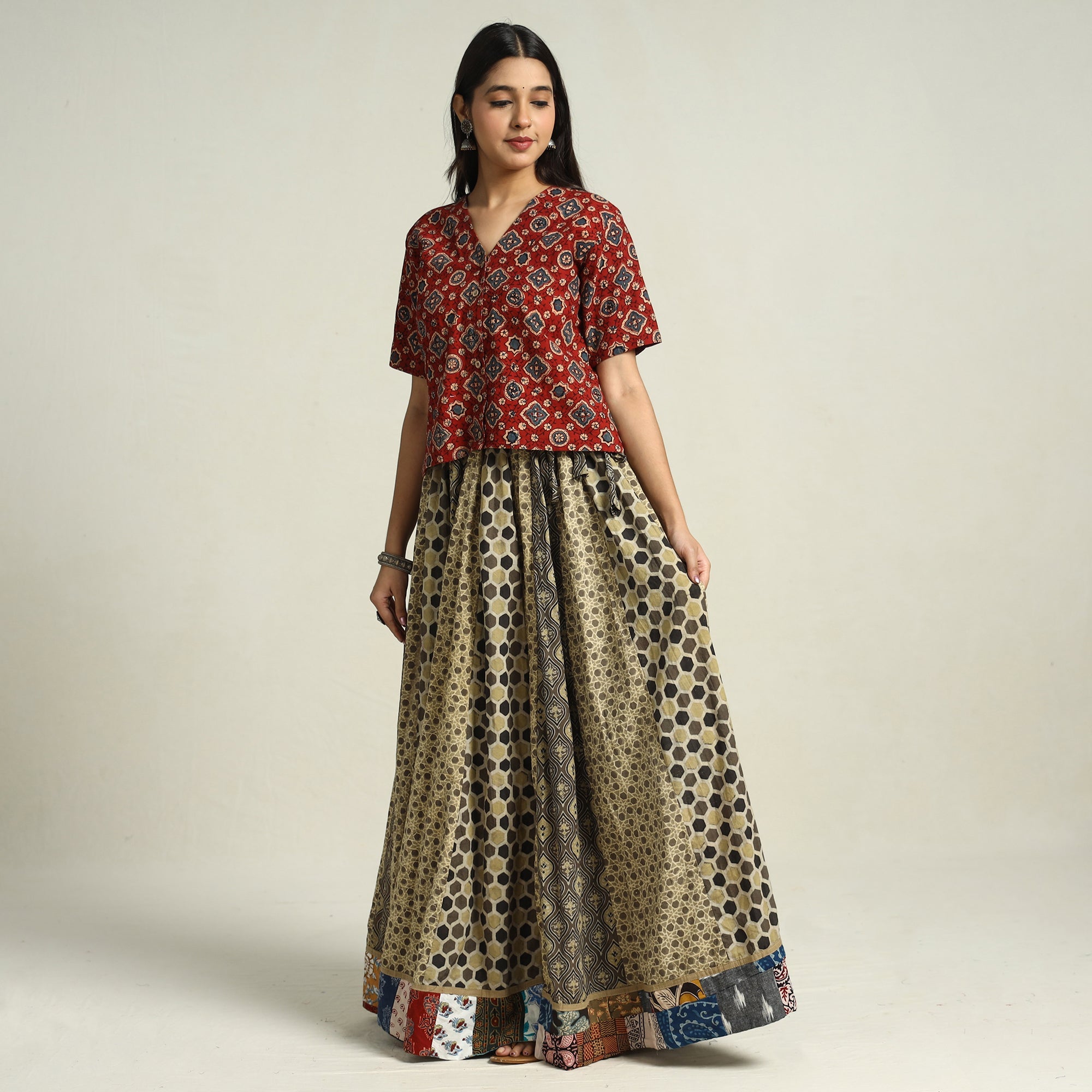 Multicolor - printed 24 kali patchwork cotton long skirt 25