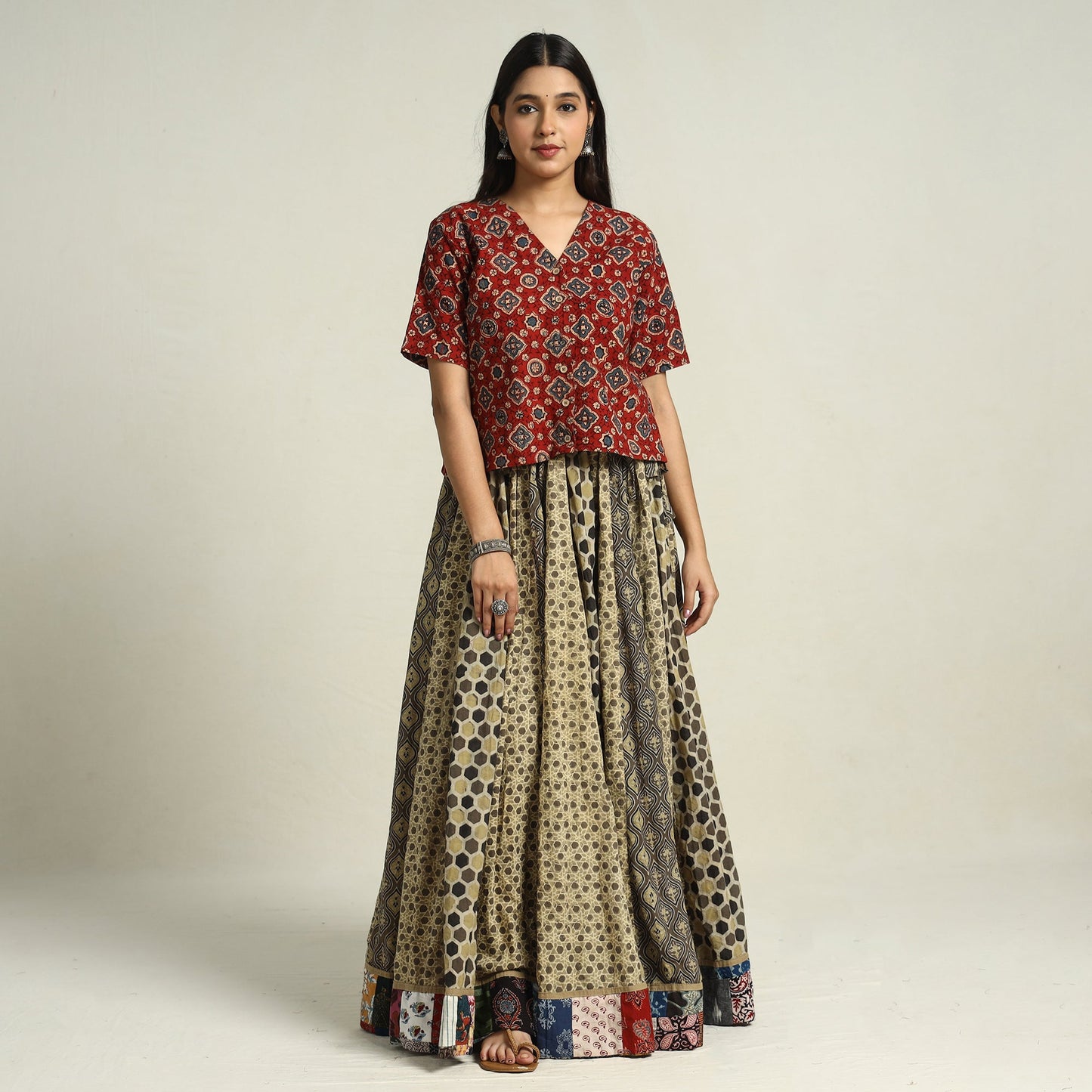 Multicolor - printed 24 kali patchwork cotton long skirt 25