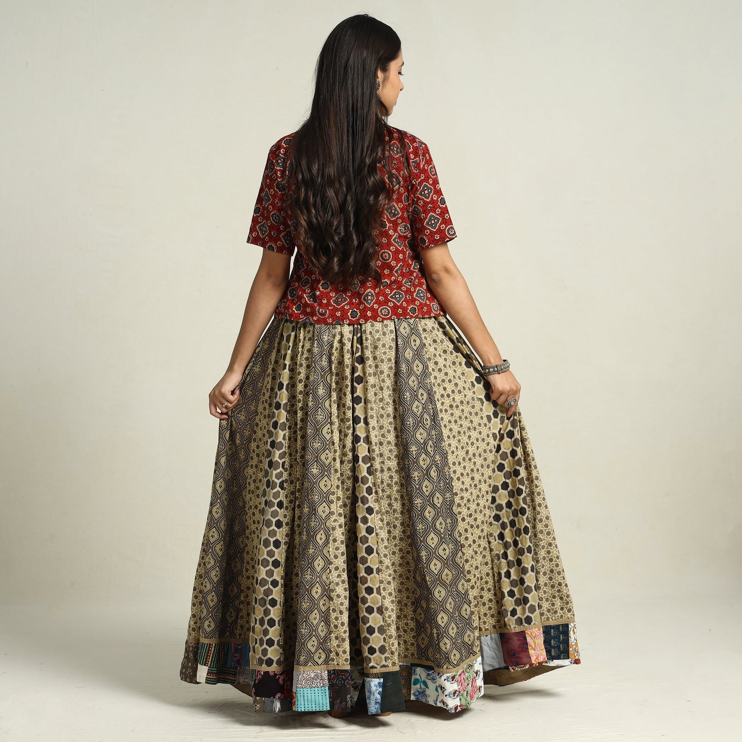 Multicolor - printed 24 kali patchwork cotton long skirt 25
