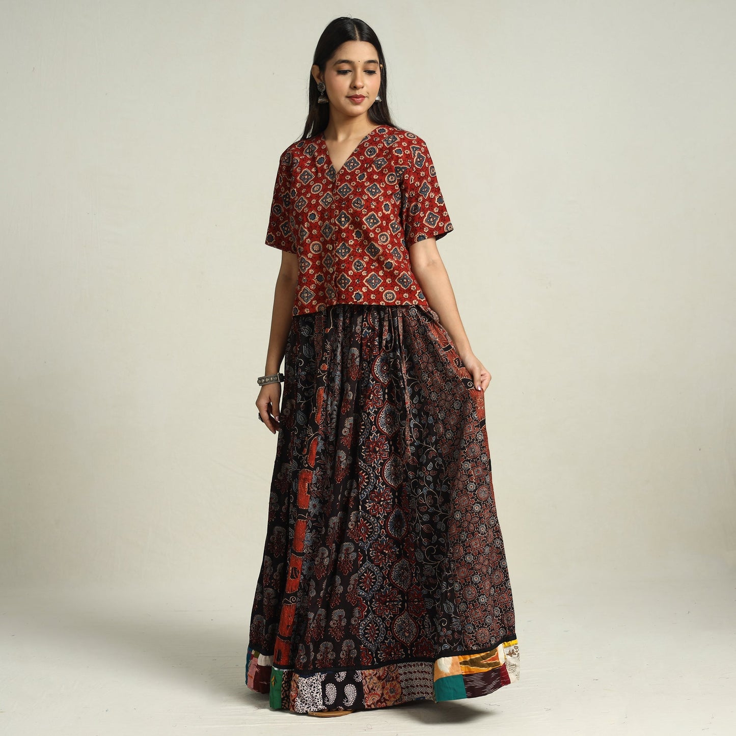 Multicolor - printed 24 kali patchwork cotton long skirt 26