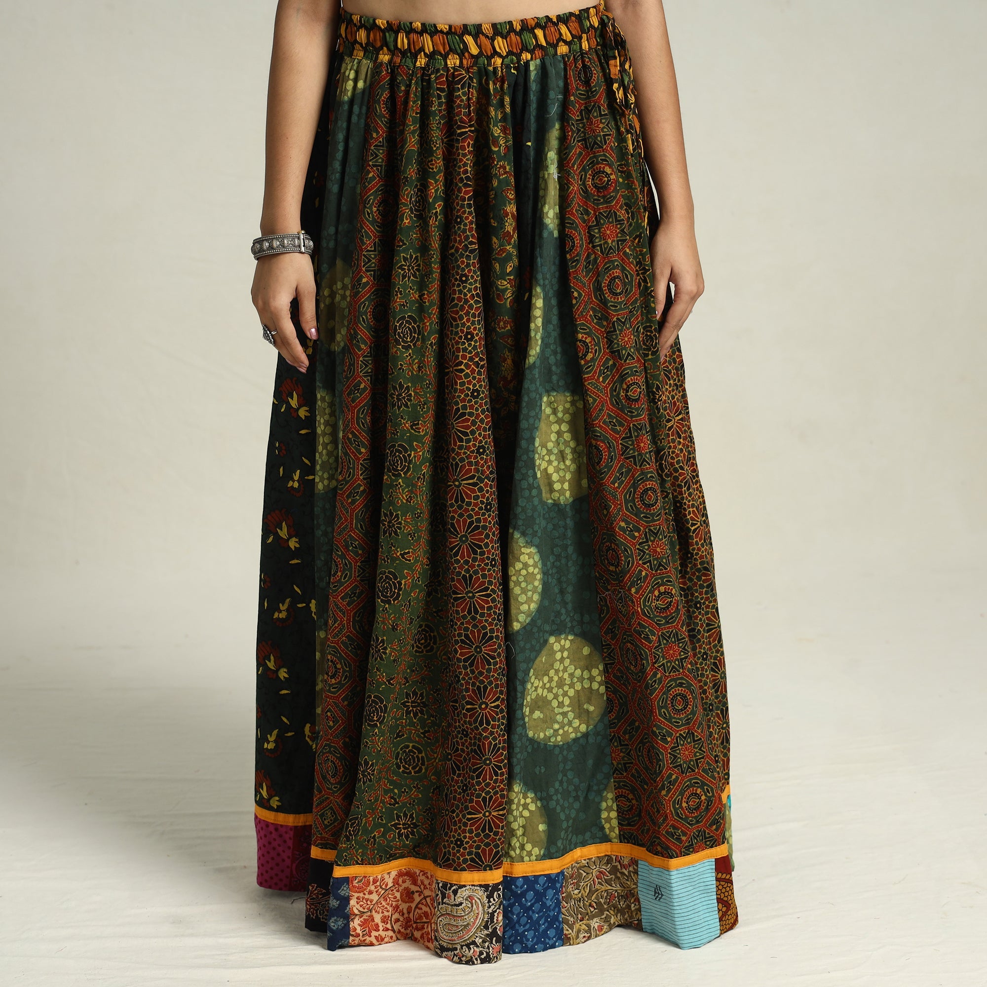 Buy Ajrakh Block Printed 24 Kali Patchwork Cotton Long Skirt 30 Online at iTokri.com
