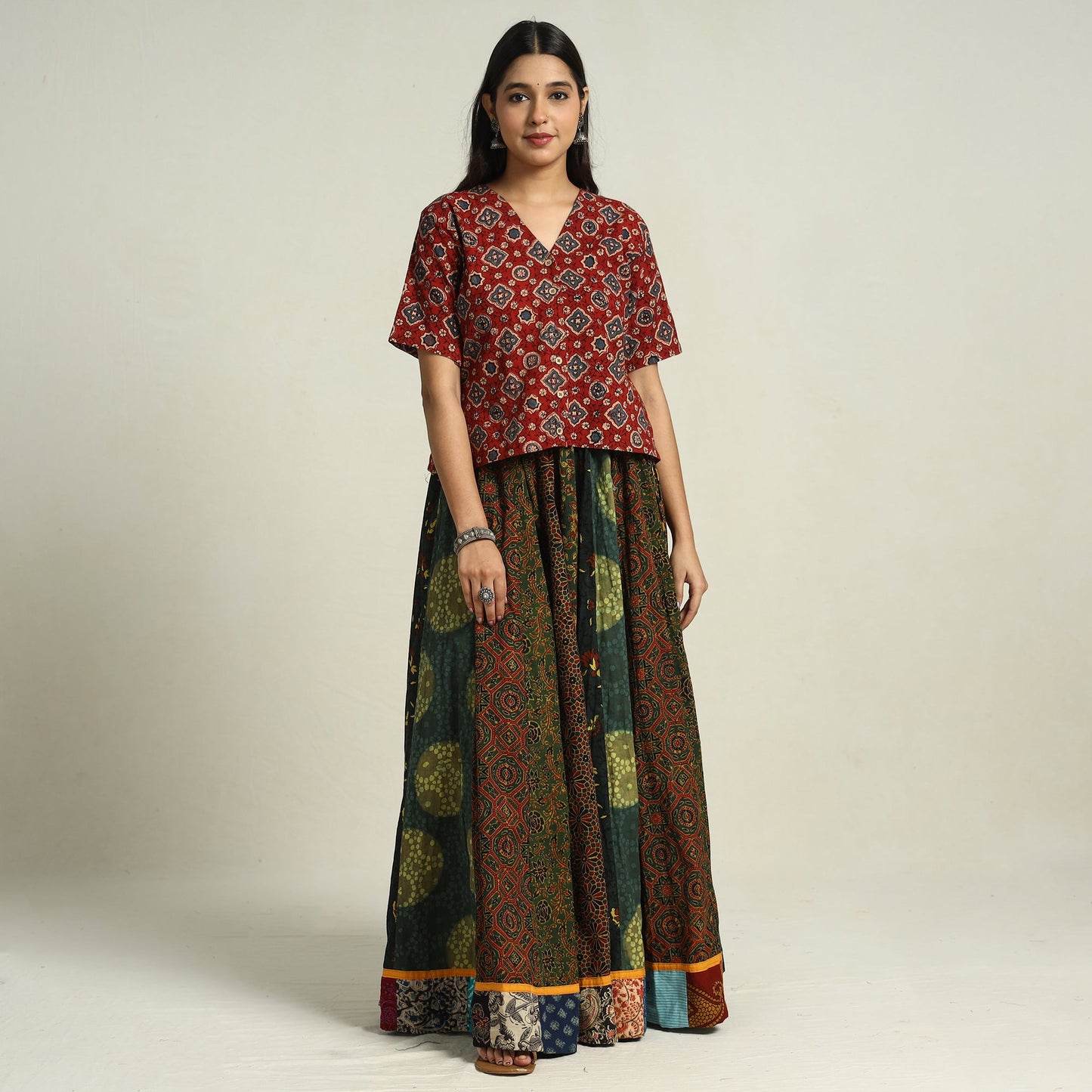 Buy Ajrakh Block Printed 24 Kali Patchwork Cotton Long Skirt 30 Online at iTokri.com