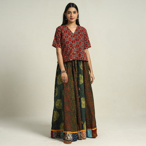 Buy Ajrakh Block Printed 24 Kali Patchwork Cotton Long Skirt 30 Online at iTokri.com