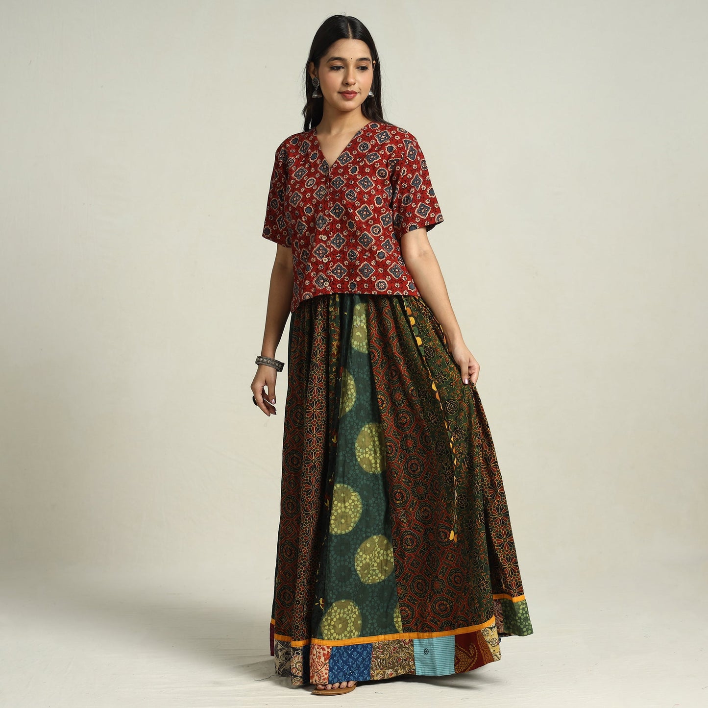 Buy Ajrakh Block Printed 24 Kali Patchwork Cotton Long Skirt 30 Online at iTokri.com