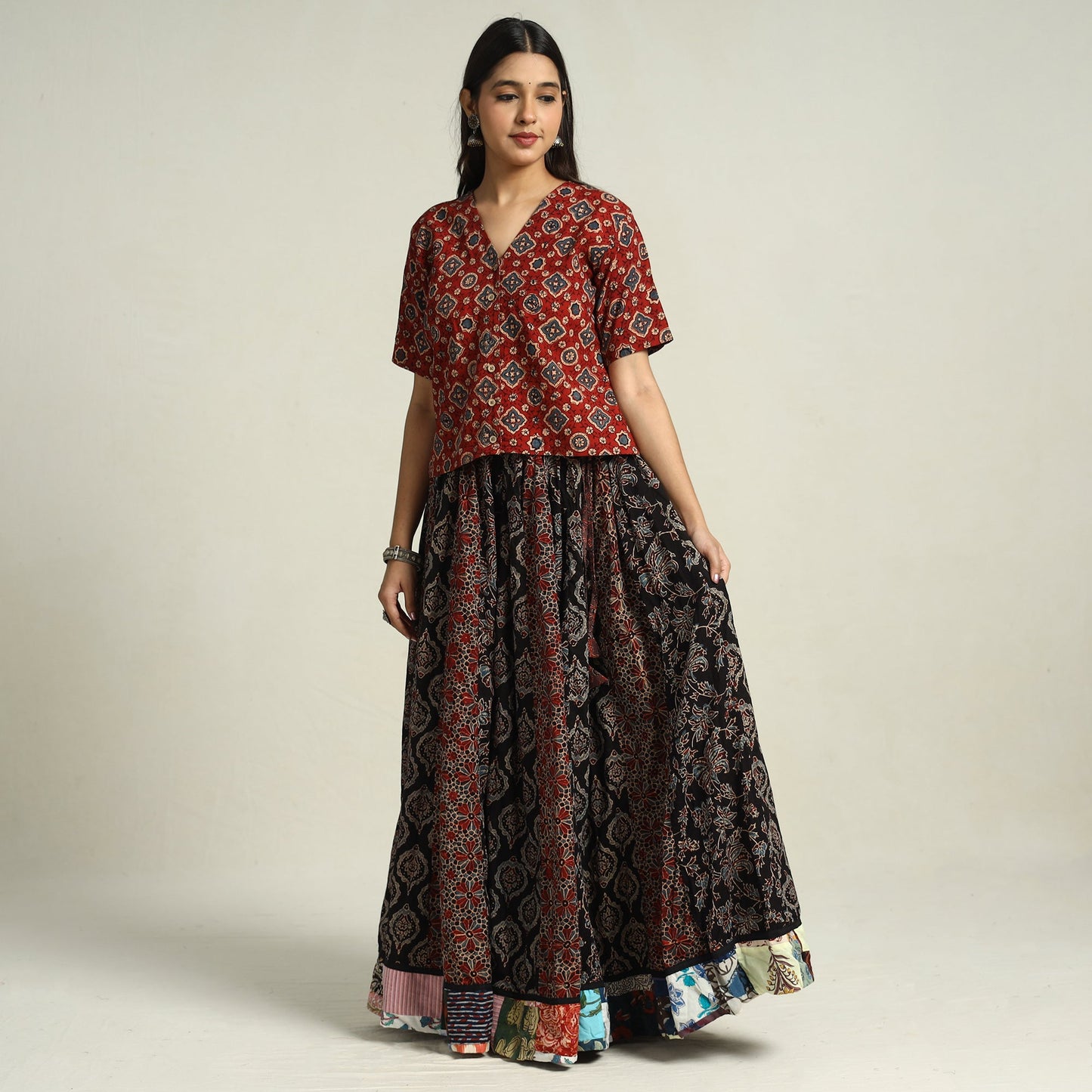 Buy Ajrakh Block Printed 24 Kali Patchwork Cotton Long Skirt 34 Online at iTokri.com