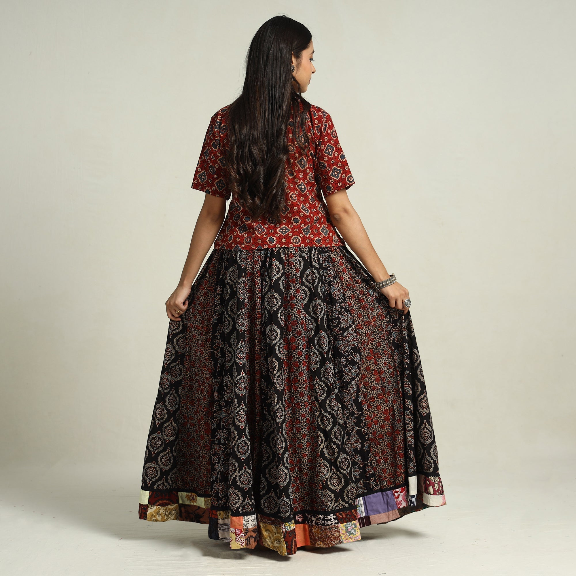Buy Ajrakh Block Printed 24 Kali Patchwork Cotton Long Skirt 34 Online at iTokri.com