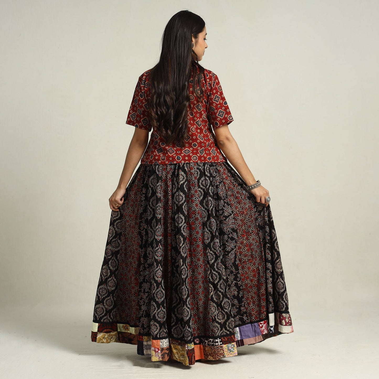 Buy Ajrakh Block Printed 24 Kali Patchwork Cotton Long Skirt 34 Online at iTokri.com