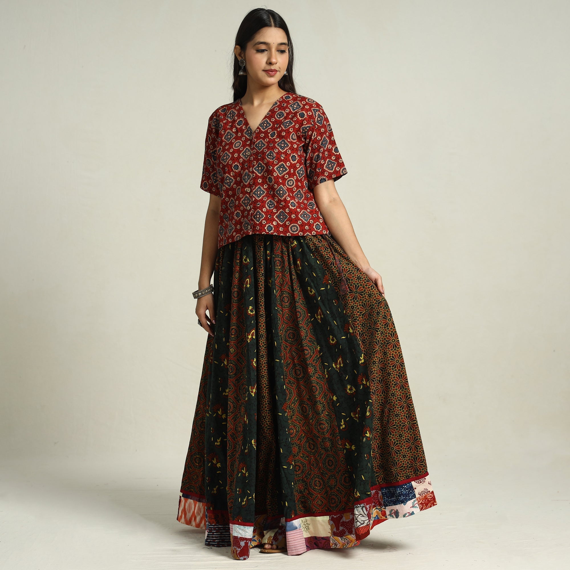 Multicolor - printed 24 kali patchwork cotton long skirt 35