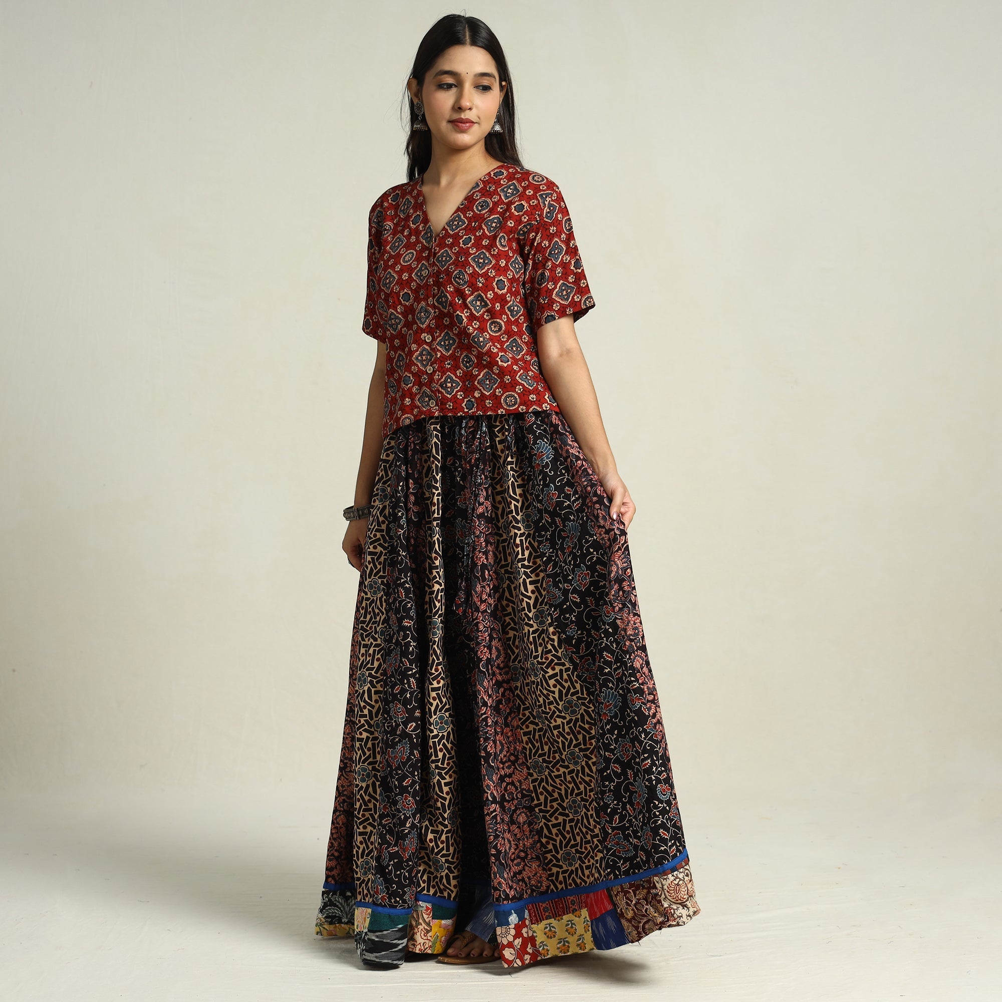  Ajrakh Block Printed 24 Kali Patchwork Cotton Long Skirt 40 