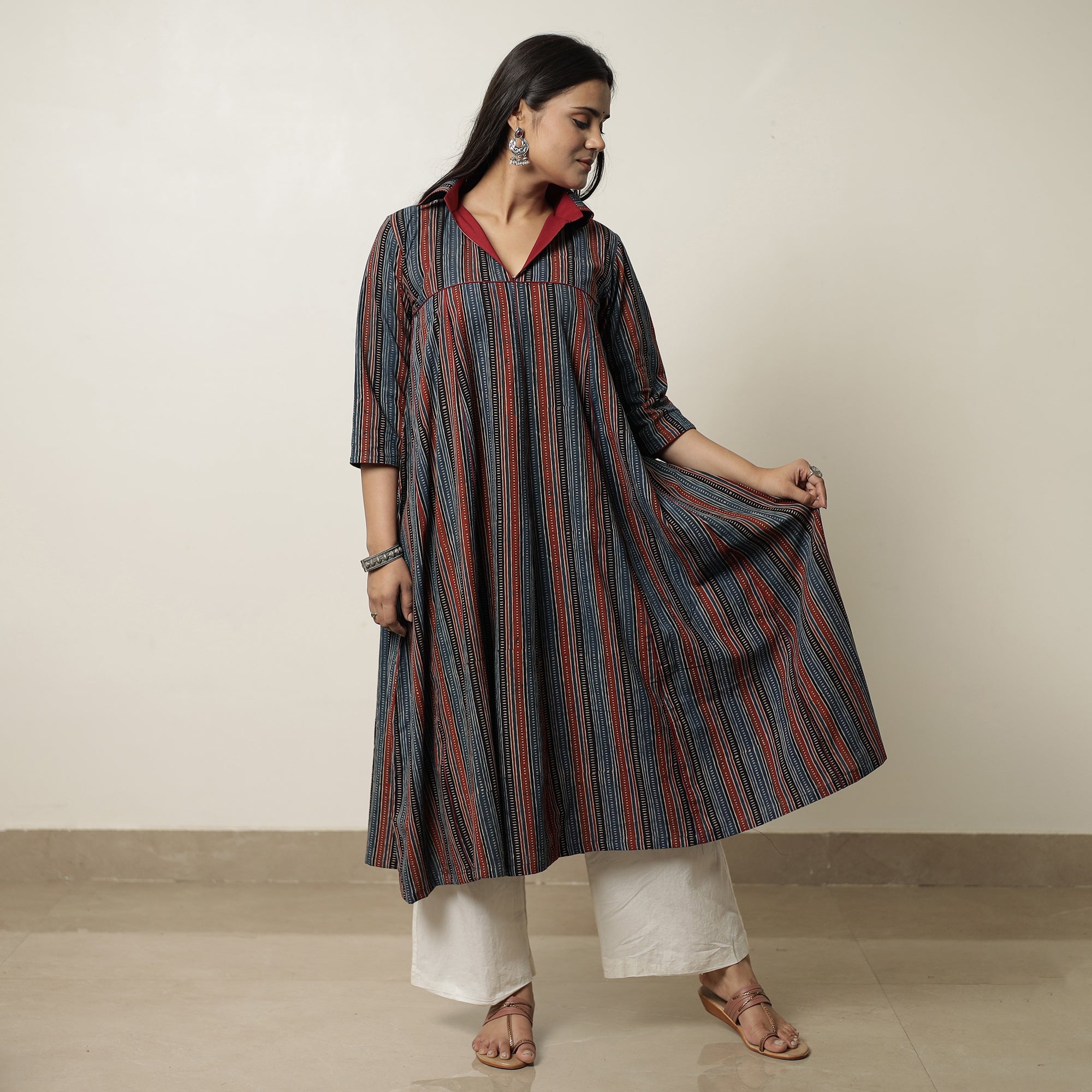 Buy Ajrakh Block Printed Cotton Flared Kurta for Women