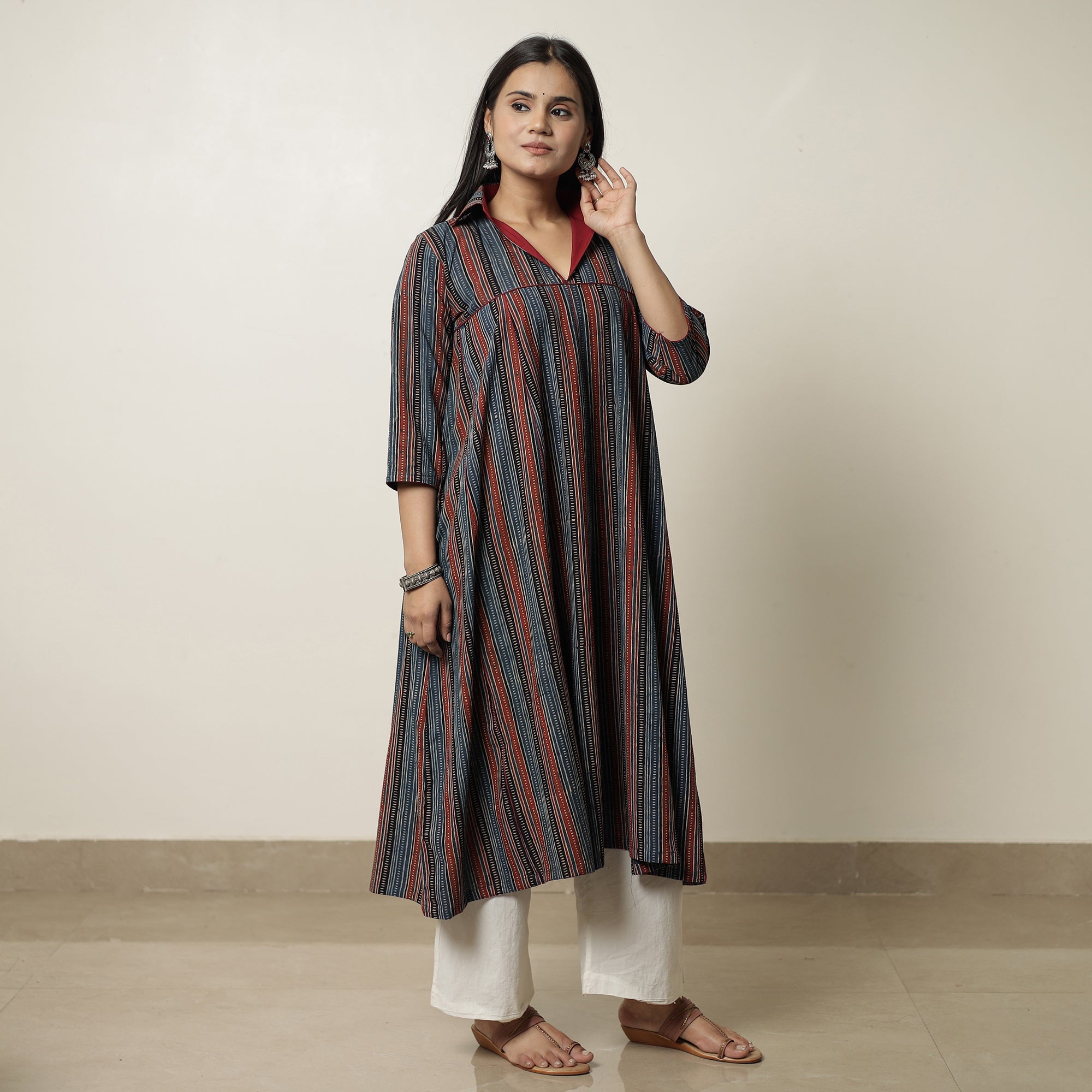 Buy Ajrakh Block Printed Cotton Flared Kurta for Women