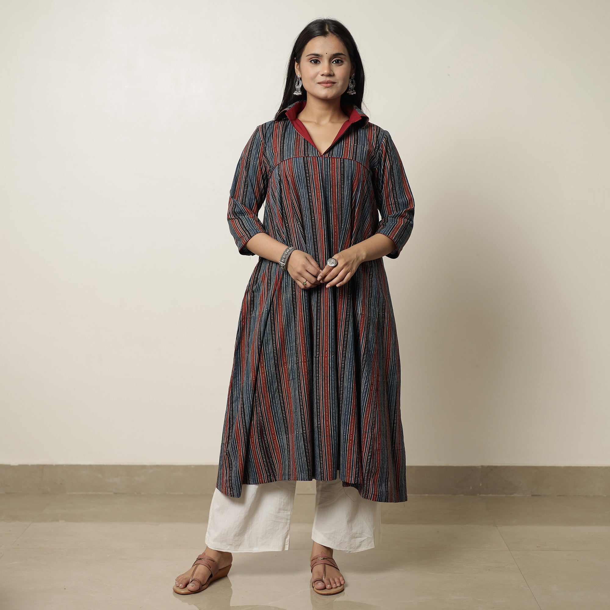 Buy Ajrakh Block Printed Cotton Flared Kurta for Women