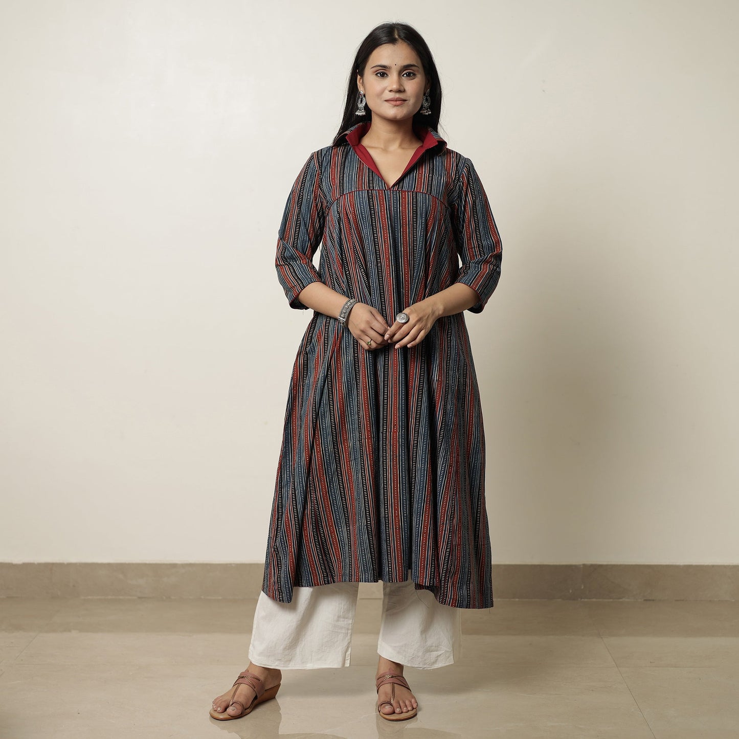 Buy Ajrakh Block Printed Cotton Flared Kurta for Women