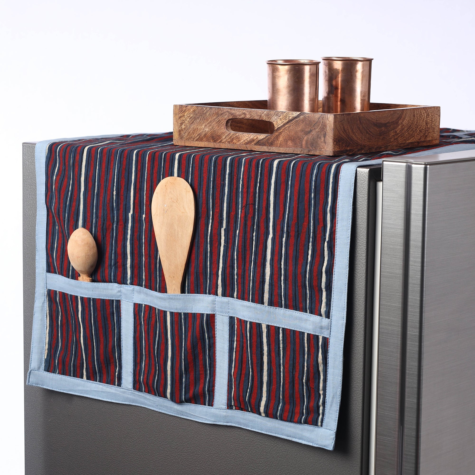 Multicolor Ajrakh Block Print Cotton Fridge Top Cover with Pockets