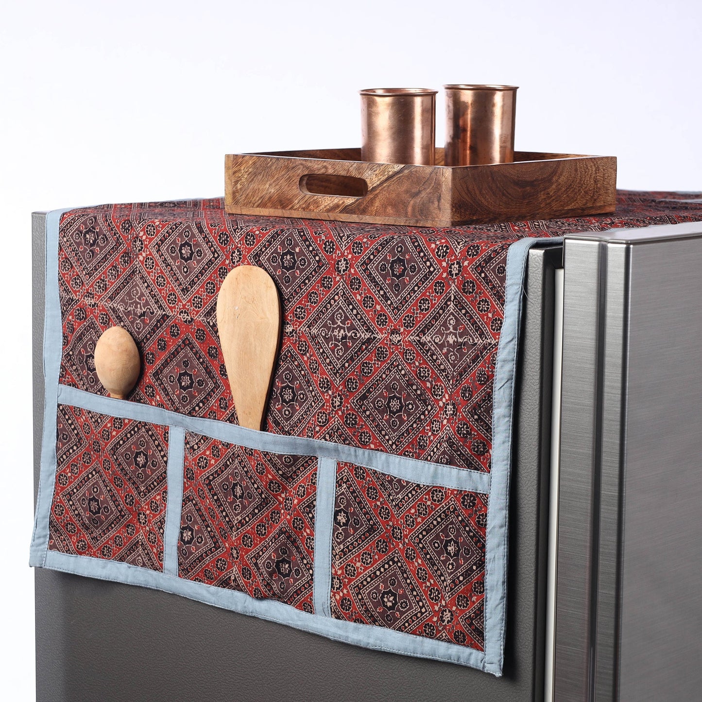 Multicolor Ajrakh Block Printed Cotton Fridge Top Cover with Pockets