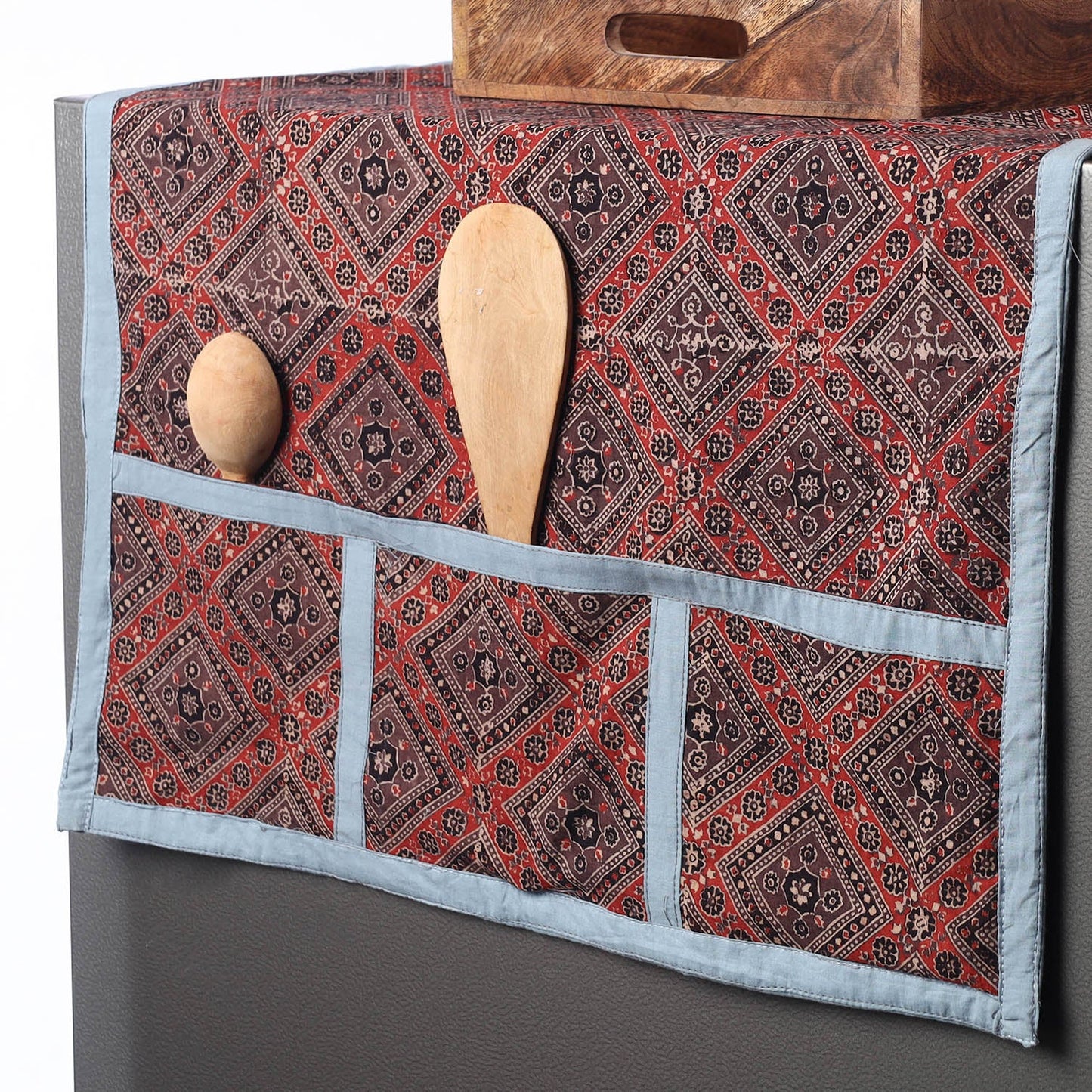 Multicolor Ajrakh Block Printed Cotton Fridge Top Cover with Pockets