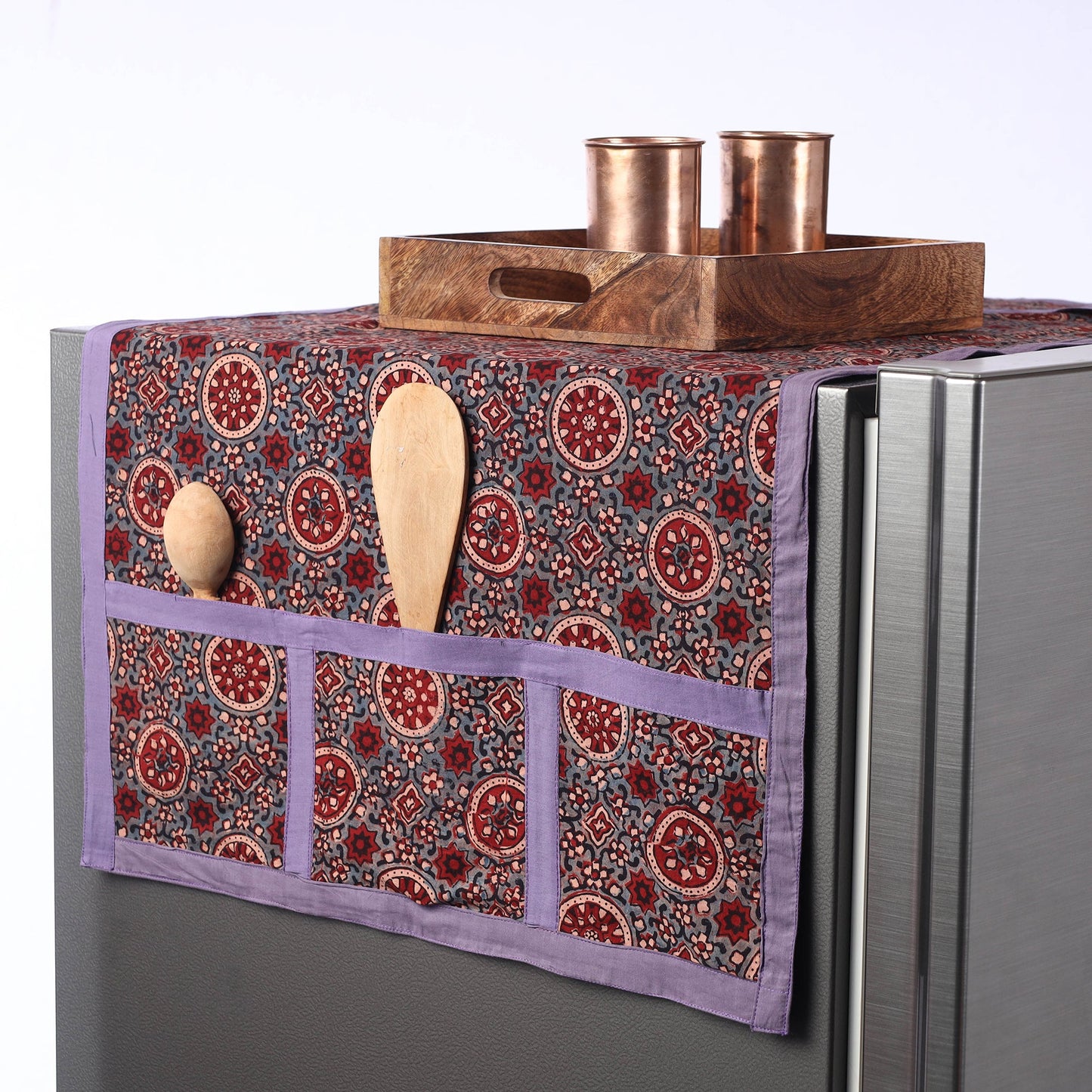 Multicolor Ajrakh Block Printed Cotton Fridge Top Cover with Multiple Pockets