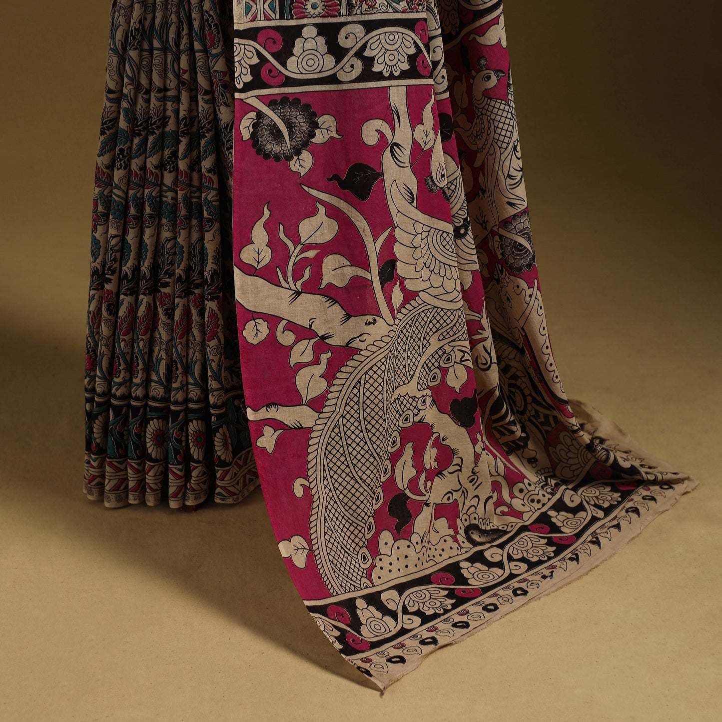 Printed cotton kalamkari saree 23 - handcrafted