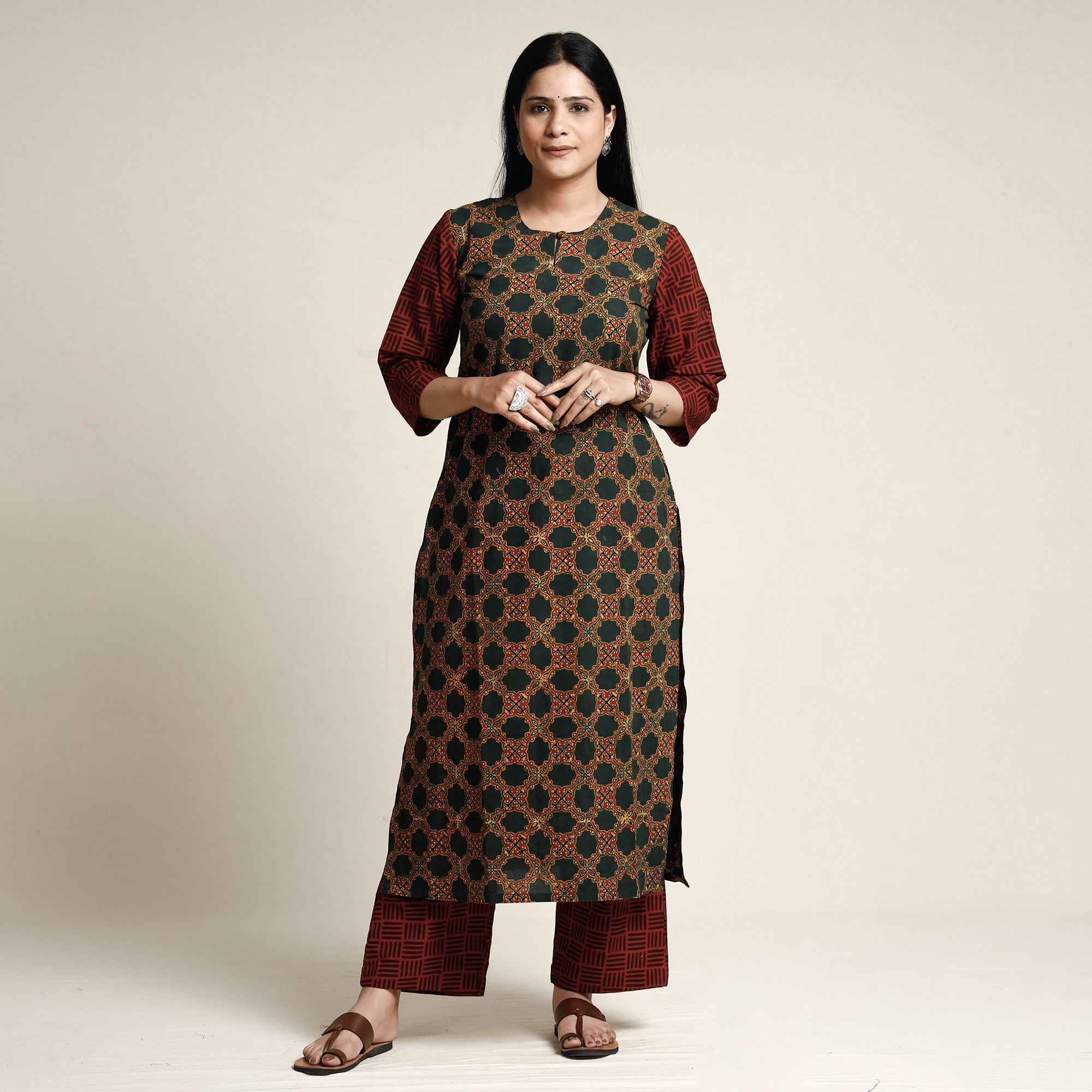 Buy Ajrakh Block Printed Cotton Kurta with Palazzo & Dupatta Set Online at iTokri.com
