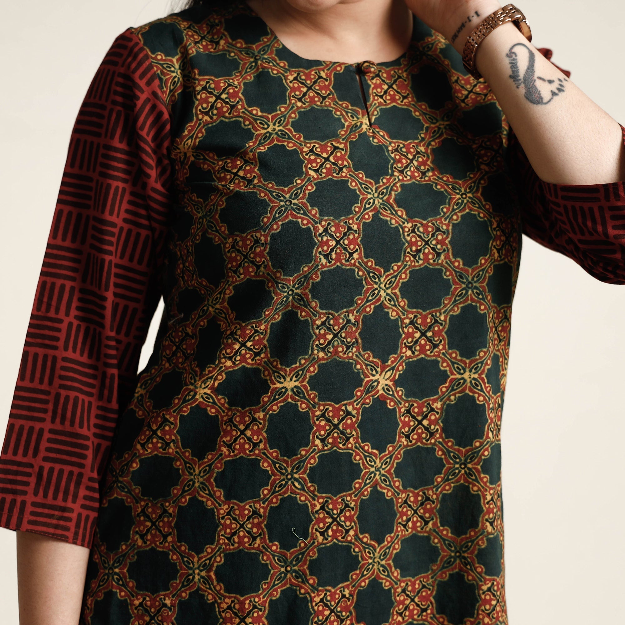 Buy Ajrakh Block Printed Cotton Kurta with Palazzo & Dupatta Set Online at iTokri.com